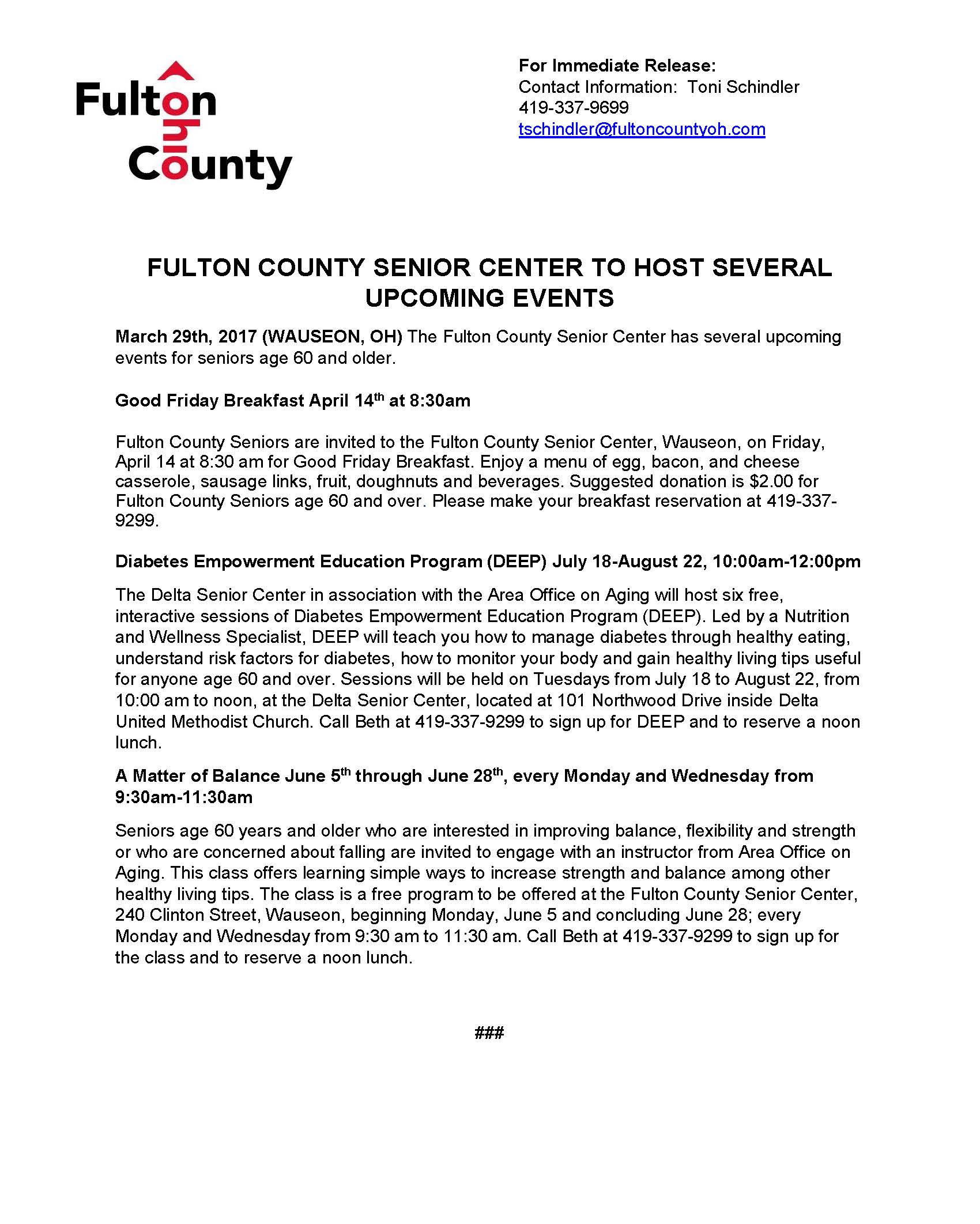 Fulton County Senior Center Upcoming Events